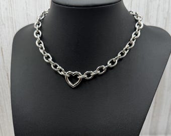 O Ring Heart Shape Stainless Steel Pendant Charm Necklace, Love Gothic Carabiner Chain, Punk Collar Choker