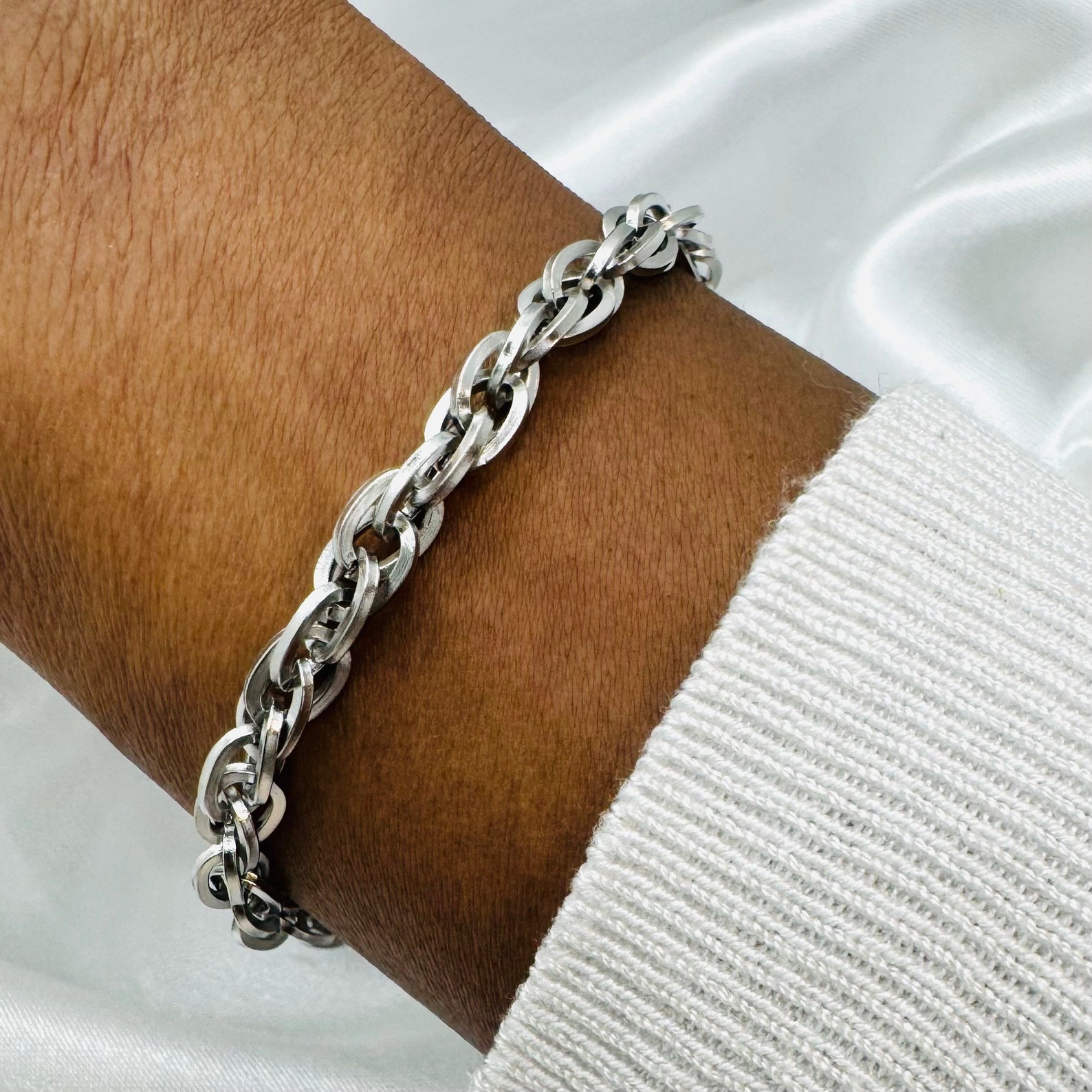 Silver Steel Rope Chain Bracelet, Ripple Twist Chain, Men Bracelet ...