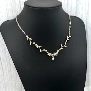 18k Gold Plated Bridal Delicate CZ Crystal Necklace, Leafy Vine Flower Petal Necklace, Elegant Victorian Choker Necklace, Birthday Gift