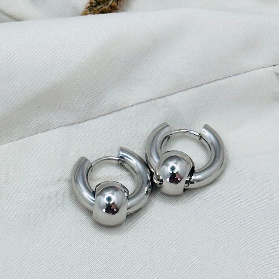 Chunky Stainless Steel Hoop Earrings: Unisex Ball Earrings