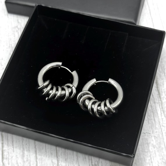 Silver Steel Chunky Earrings with Open Jumprings, Stainless Steel Statement Fashion Hoops, Gothic Punk Jewellery