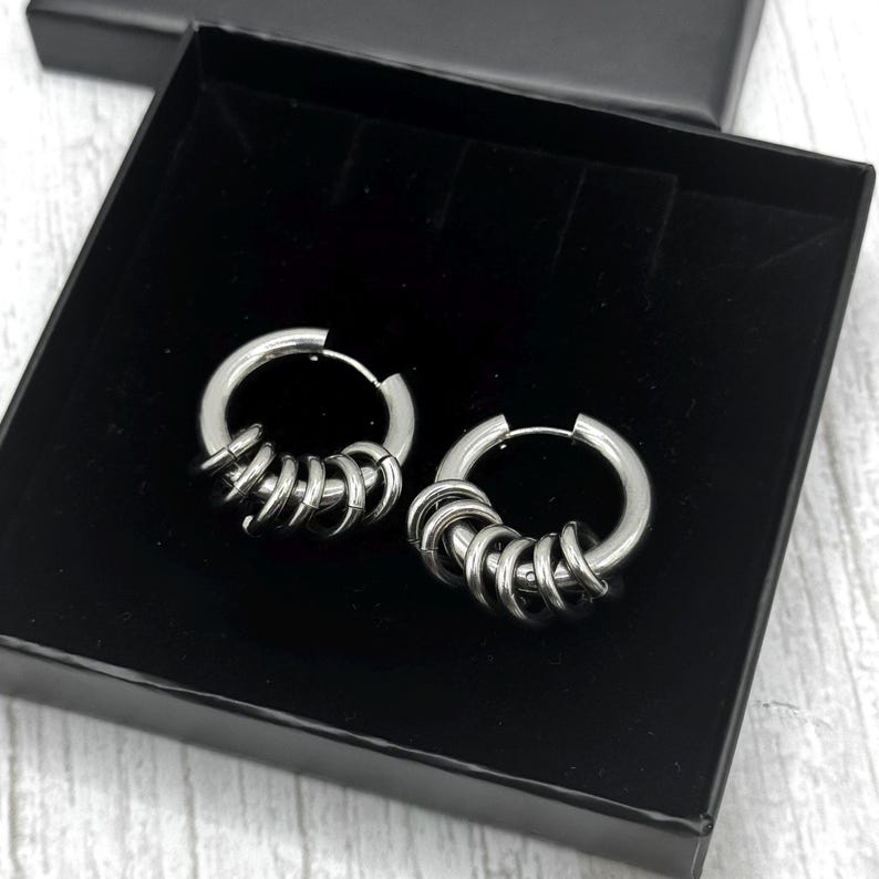 Silver Steel Chunky Earrings with Open Jumprings, Stainless Steel Statement Fashion Hoops, Gothic Punk Jewellery