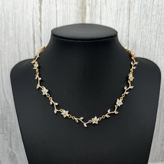 Gold Daisy CZ Crystal Bridal Jewelry Set: Vine Necklace, Earrings, Bracelet