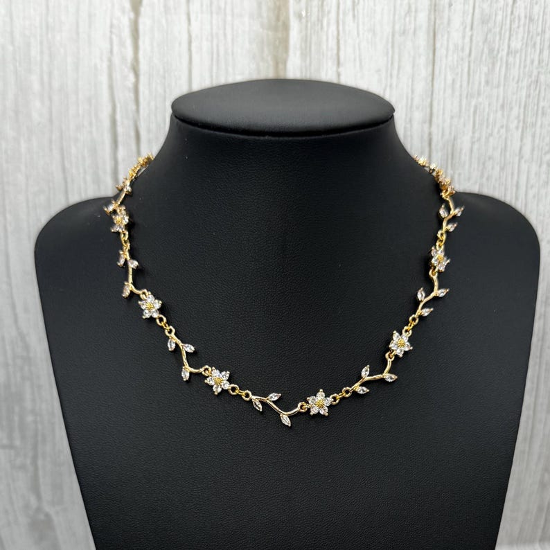 Leafy Branch Vine Petal Flower Bridal Necklace, Earring, Bracelet Set, Gold Daisy CZ Crystal Rhinestone Choker, Drop Huggie Hoop Earring,