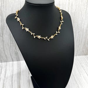 Leafy Branch Vine Petal Flower Bridal Necklace, Earring, Bracelet Set, Gold Daisy CZ Crystal Rhinestone Choker, Drop Huggie Hoop Earring,