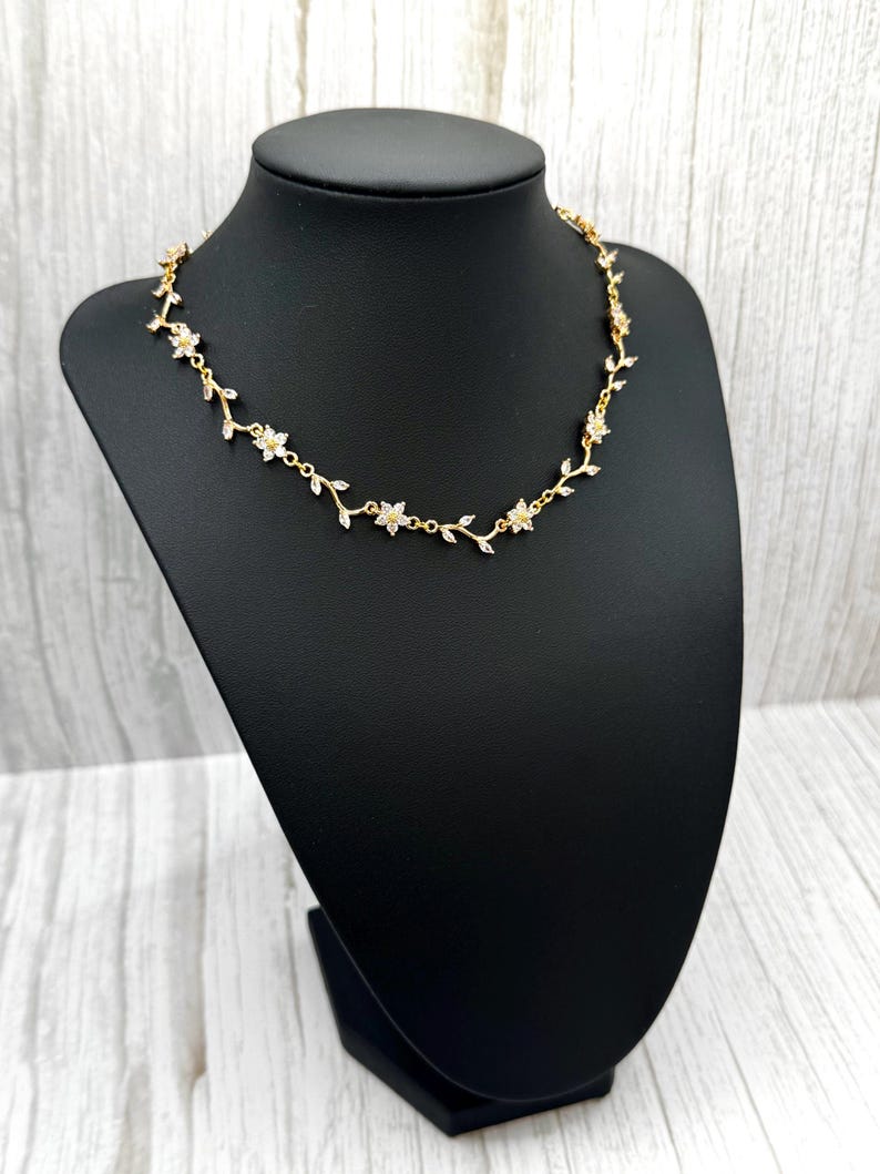 Leafy Branch Vine Petal Flower Bridal Necklace, Earring, Bracelet Set, Gold Daisy CZ Crystal Rhinestone Choker, Drop Huggie Hoop Earring,