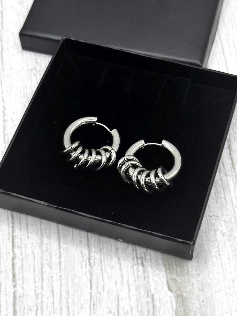 Silver Steel Chunky Earrings with Open Jumprings, Stainless Steel Statement Fashion Hoops, Gothic Punk Jewellery