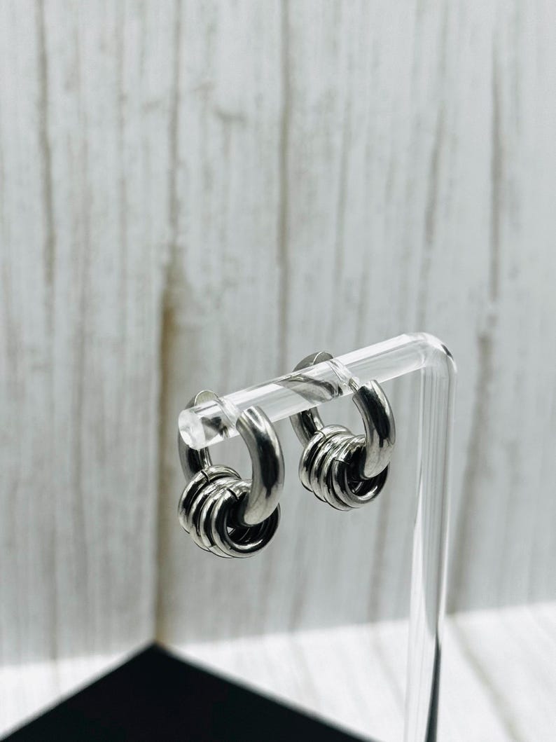 Silver Steel Chunky Earrings with Open Jumprings, Stainless Steel Statement Fashion Hoops, Gothic Punk Jewellery