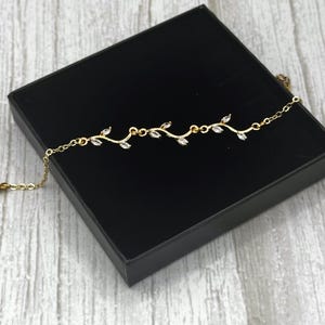 18k Gold Plated Bridal Delicate CZ Crystal Necklace, Leafy Vine Flower Petal Necklace, Elegant Victorian Choker Necklace, Birthday Gift