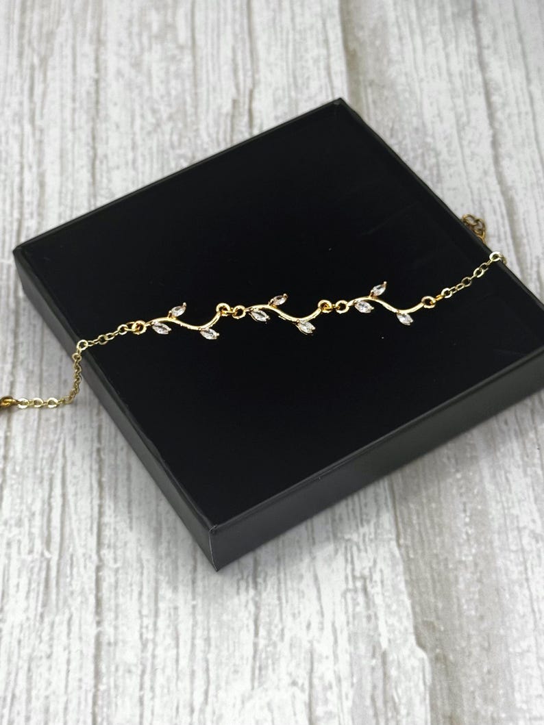 18k Gold Plated Bridal Delicate CZ Crystal Necklace, Leafy Vine Flower Petal Necklace, Elegant Victorian Choker Necklace, Birthday Gift
