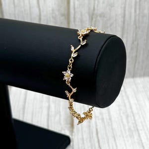 Leafy Branch Vine Petal Flower Bridal Necklace, Earring, Bracelet Set, Gold Daisy CZ Crystal Rhinestone Choker, Drop Huggie Hoop Earring,