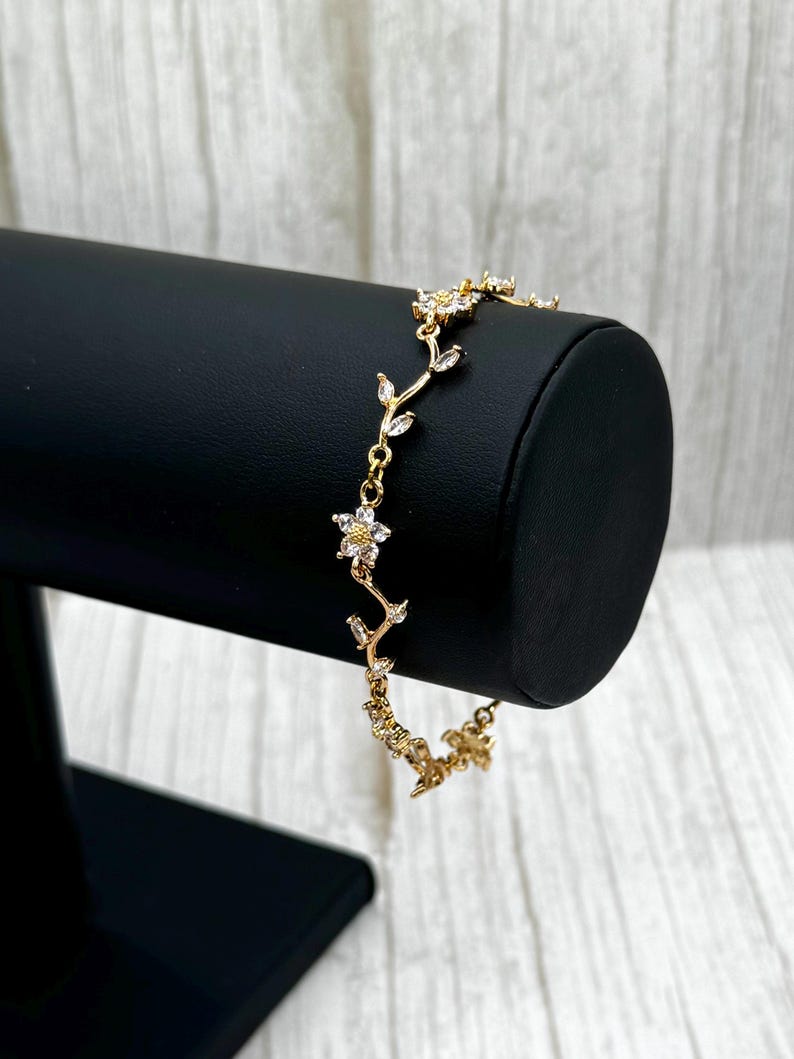 Leafy Branch Vine Petal Flower Bridal Necklace, Earring, Bracelet Set, Gold Daisy CZ Crystal Rhinestone Choker, Drop Huggie Hoop Earring,