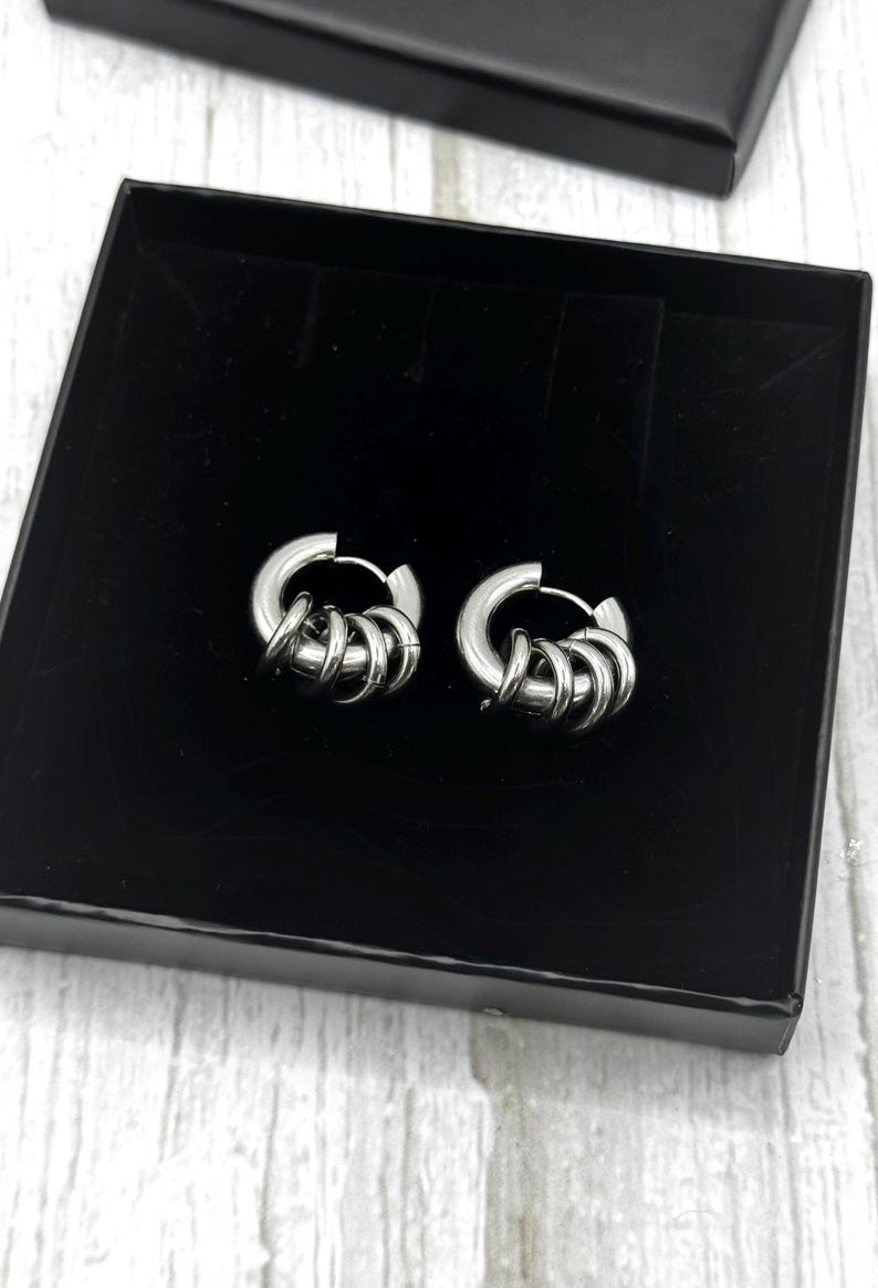 Silver Steel Chunky Earrings with Open Jumprings, Stainless Steel Statement Fashion Hoops, Gothic Punk Jewellery