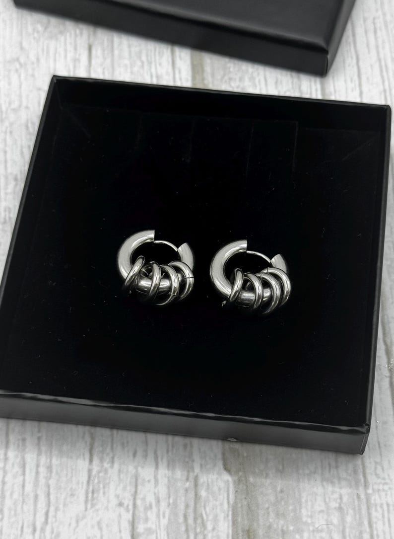 Silver Steel Chunky Earrings with Open Jumprings, Stainless Steel Statement Fashion Hoops, Gothic Punk Jewellery