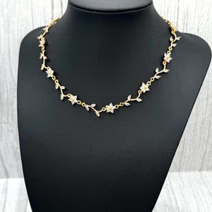 Leafy Branch Vine Petal Flower Bridal Necklace, Earring, Bracelet Set, Gold Daisy CZ Crystal Rhinestone Choker, Drop Huggie Hoop Earring,