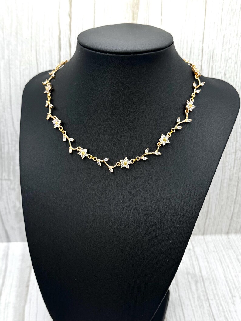 Leafy Branch Vine Petal Flower Bridal Necklace, Earring, Bracelet Set, Gold Daisy CZ Crystal Rhinestone Choker, Drop Huggie Hoop Earring,