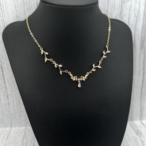 18k Gold Plated Bridal Delicate CZ Crystal Necklace, Leafy Vine Flower Petal Necklace, Elegant Victorian Choker Necklace, Birthday Gift