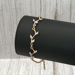 18k Gold Plated Bridal Delicate CZ Crystal Necklace, Leafy Vine Flower Petal Necklace, Elegant Victorian Choker Necklace, Birthday Gift