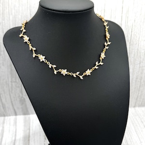 Leafy Branch Vine Petal Flower Bridal Necklace, Earring, Bracelet Set, Gold Daisy CZ Crystal Rhinestone Choker, Drop Huggie Hoop Earring,