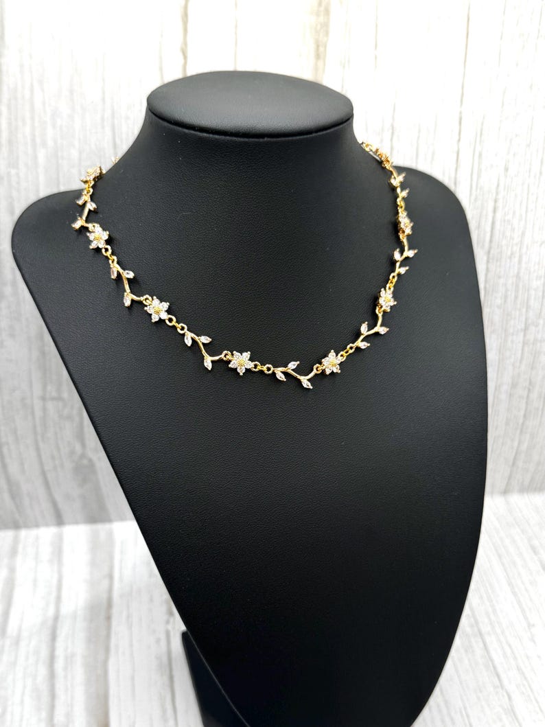 Leafy Branch Vine Petal Flower Bridal Necklace, Earring, Bracelet Set, Gold Daisy CZ Crystal Rhinestone Choker, Drop Huggie Hoop Earring,