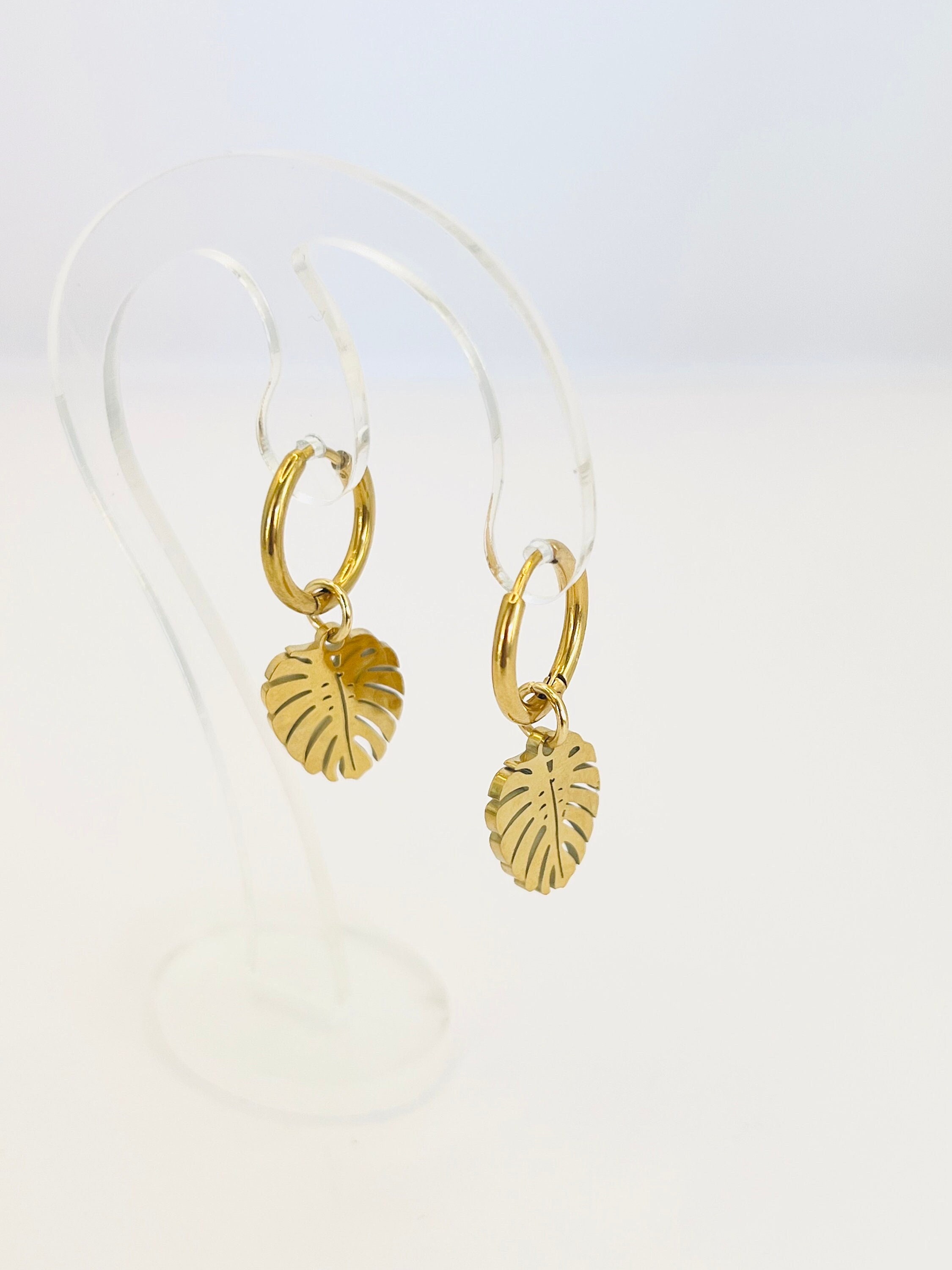 Huggie Hoop Leaf Earrings Gold Plated Monstera Leaf Drop Dangle huggie-hoop-leaf-earrings-gold-plated-monstera-leaf-drop-dangle