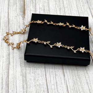 Leafy Branch Vine Petal Flower Bridal Necklace, Earring, Bracelet Set, Gold Daisy CZ Crystal Rhinestone Choker, Drop Huggie Hoop Earring,