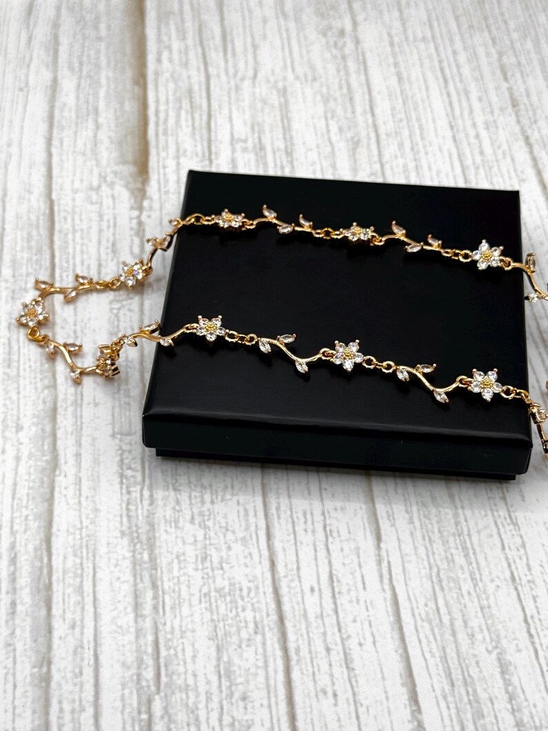 Leafy Branch Vine Petal Flower Bridal Necklace, Earring, Bracelet Set, Gold Daisy CZ Crystal Rhinestone Choker, Drop Huggie Hoop Earring,