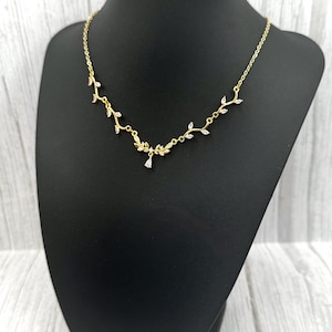 18k Gold Plated Bridal Delicate CZ Crystal Necklace, Leafy Vine Flower Petal Necklace, Elegant Victorian Choker Necklace, Birthday Gift