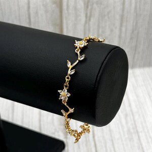 Leafy Branch Vine Petal Flower Bridal Necklace, Earring, Bracelet Set, Gold Daisy CZ Crystal Rhinestone Choker, Drop Huggie Hoop Earring,