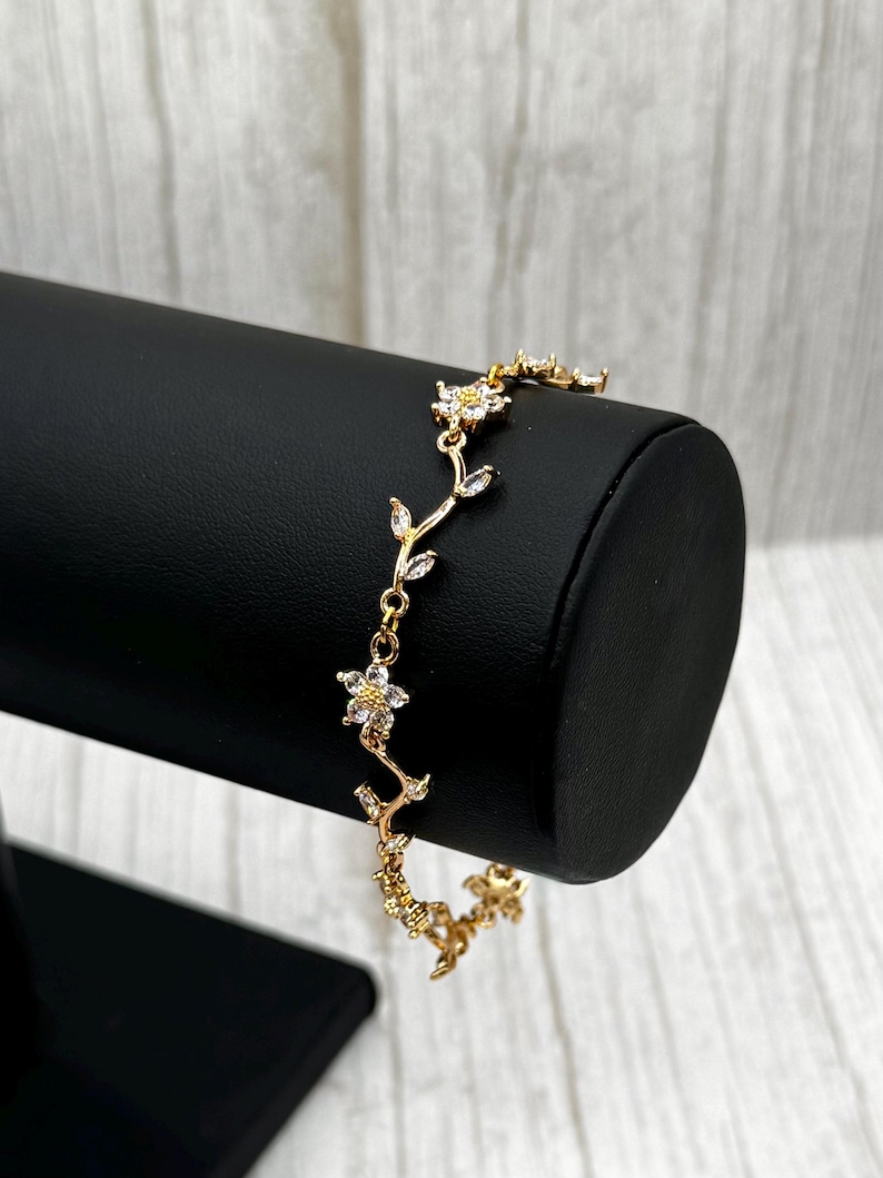 Leafy Branch Vine Petal Flower Bridal Necklace, Earring, Bracelet Set, Gold Daisy CZ Crystal Rhinestone Choker, Drop Huggie Hoop Earring,