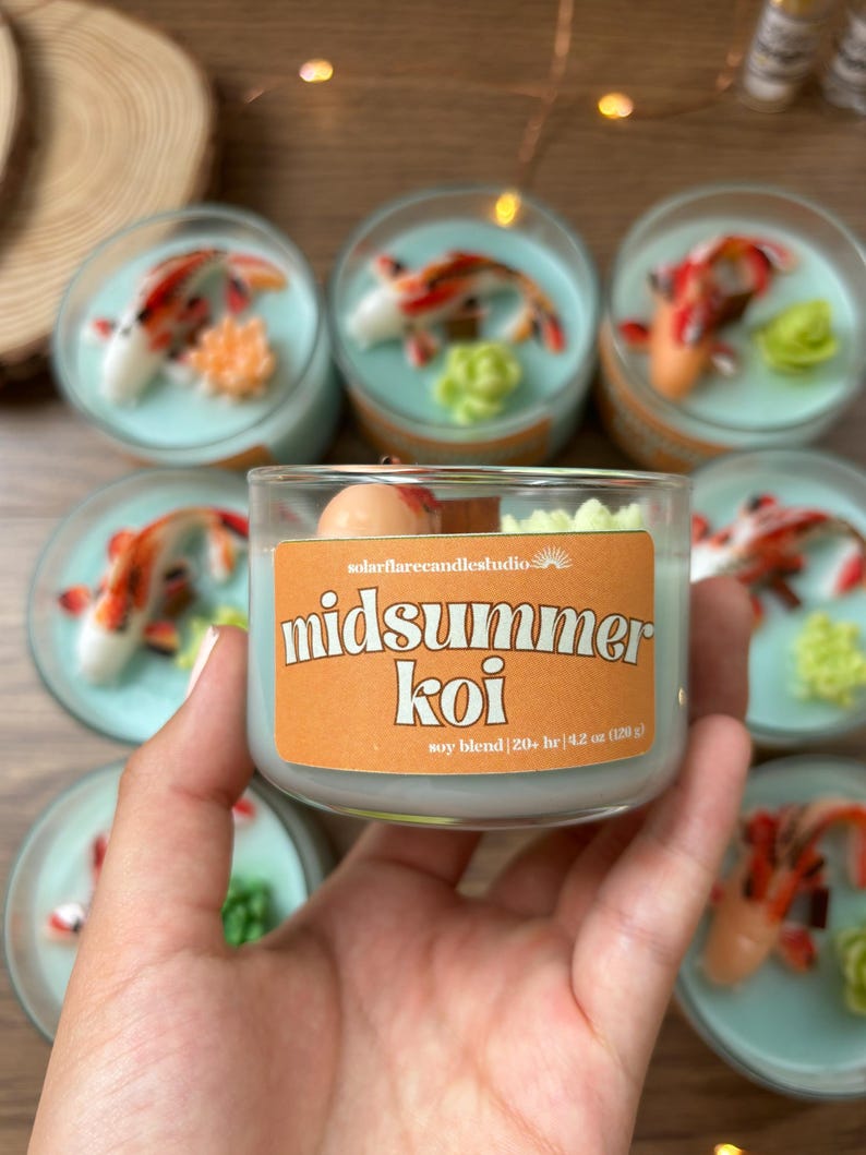 Unique Japanese Koi Fish Gift Wood Wick Soy Blend Candle Peaceful