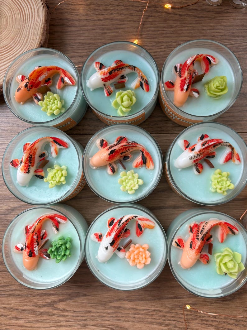 Unique Japanese Koi Fish Gift Wood Wick Soy Blend Candle Peaceful