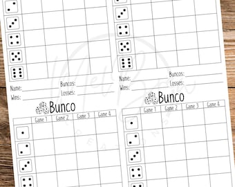 May include: Four white Bunco score sheets with black grid lines and dice illustrations. Each sheet has spaces for game scores, player names, and win/loss tallies. The word "Bunco" is at the top of each sheet.