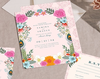 Anand Karaj Invite Package Template | Indian Wedding Printable Invitation Template, Sikh Wedding Invitation Package, Boho Floral
