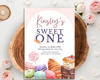 Sweet One Dessert Invitation Template | Birthday, Baby Shower, Gender Reveal, 1st Birthday, Whimsical, Candy land theme, Desserts and sweets