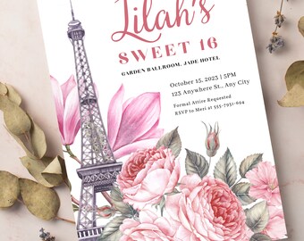 Florale Pariser Geburtstagseinladung und Digitale Einladung | Sweet 16, Quinceañera, Geburtstag DIY Vorlage, druckbare Einladungsvorlage