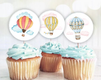 Cupcake Topper Tags, Favor Tags, Jar Labels, Party Decoration | Hot Air Balloon Design | Gender Reveal | Baby Shower | Kids Birthday