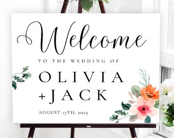 Floral Wedding Welcome Sign Template, Welcome Wedding Sign, Script Wedding Welcome Sign, Modern Wedding Signs, Large Wedding Sign, Canva