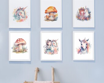 Set of 6 fairy garden friends wall art set | printable unicorn art | room decor |  printable watercolor fairy, unicorn and mushrooms