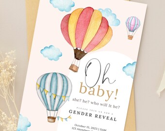 Hot Air Balloon Invitation Template and Digital E-vite Template | Baby Shower, Gender Reveal, First Birthday Whimsical Birthday