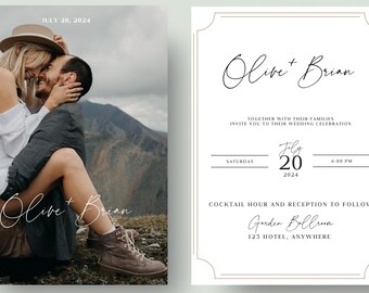 Puede incluir: Invitación de boda con una foto de una pareja y los nombres "Olive + Brian" en cursiva. La invitación incluye la fecha "20 de julio de 2024" y detalles de la ceremonia y recepción.