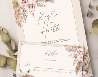 Pampas & Floral Canva Template | Romantic Wedding DIY Template, Printable Invitation Template, Wedding Invitation Template, Instant Download