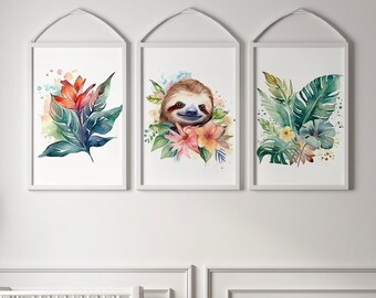 Set of 4 rainforest friends wall art set | printable rainforest art | girls room decor |  printable watercolor sloth and rainforest foliage