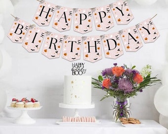 Happy Birthday Halloween Themed Banner - Pink with Ghost, Pumpkin, Skeleton and Spiders | October Birthday | Halloween Birthday
