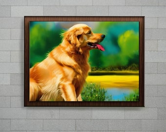 Golden Retriever Digital Print Dog Wall Art Canvas Print Action Painting Picture Pet Portrait Dog Portrait