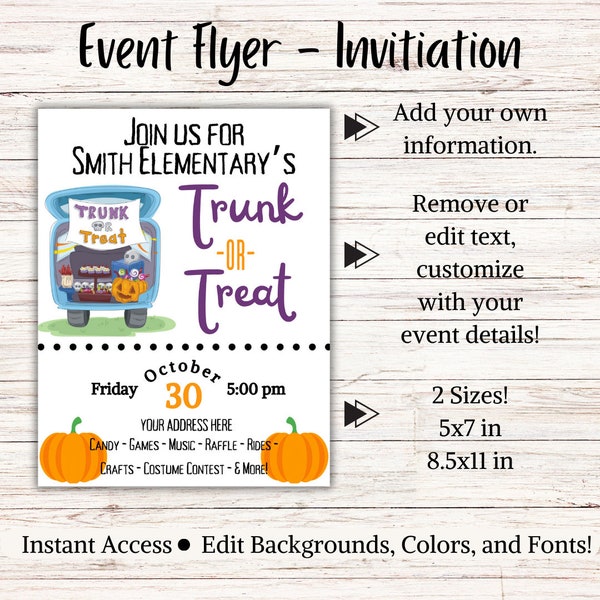 EDITABLE Trunk or Treat Flyer, Fall Festival Flyer, PTA Fall Flyer, DIY Template, Trunk or Treat, Elementary School Trunk or Treat