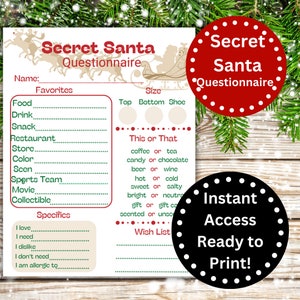 Secret Santa Questionnaire Printable, Secret Santa Survey, Christmas Wish List, Christmas List Digital Download, Secret Santa Form, For Work