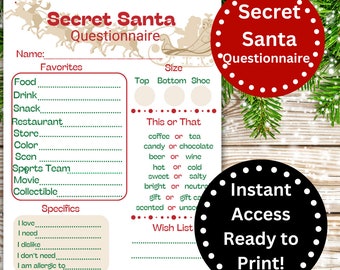 Könnte beinhalten: Ein druckbarer Secret Santa Fragebogen mit Abschnitten für Favoriten, Größe, dies oder das, Besonderheiten und eine Wunschliste. Der Fragebogen ist mit einem Cartoon-Bild von Weihnachtsmann in einem Schlitten, der von Rentieren gezogen wird, verziert.