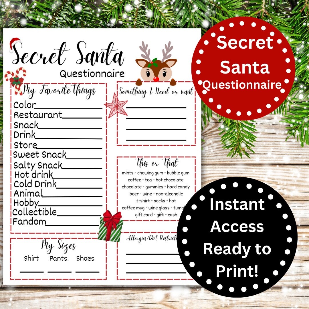 Secret Santa Questionnaire Printable, Secret Santa Survey, Christmas ...