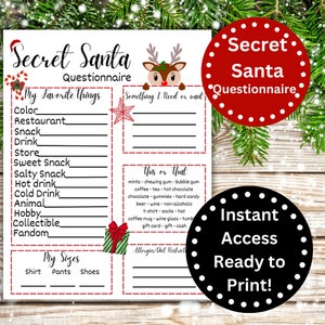 Secret Santa Questionnaire Printable, Secret Santa Survey, Christmas Wish List, Christmas List Digital Download, Secret Santa Form, For Work